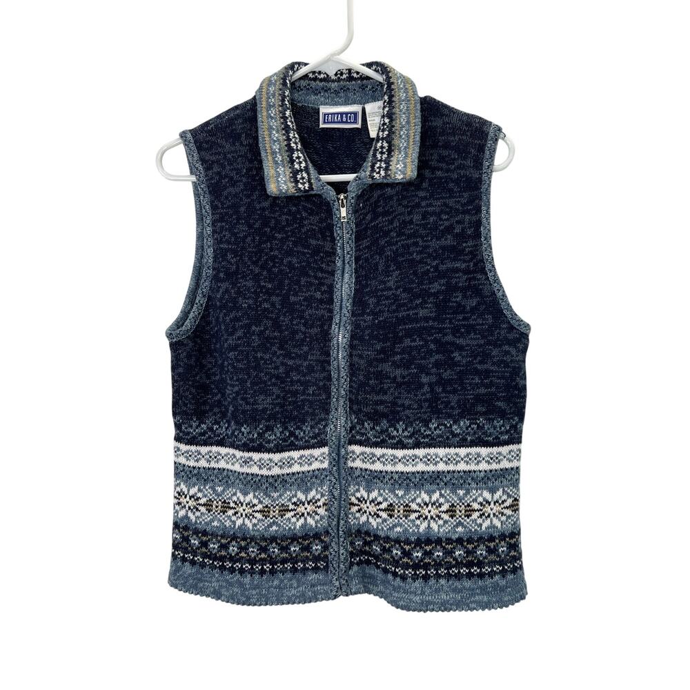 Vintage Cardigan Sweater Vest M Fair Isle Nordic Zip Blue Grandmacore Erika